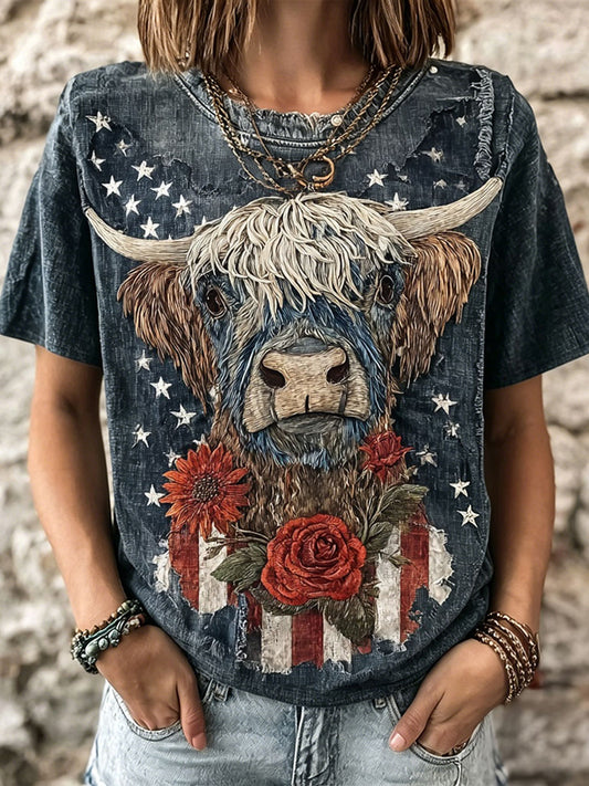 Women's Floral American Flag Highland Cow Print Short-sleeved T-shirt