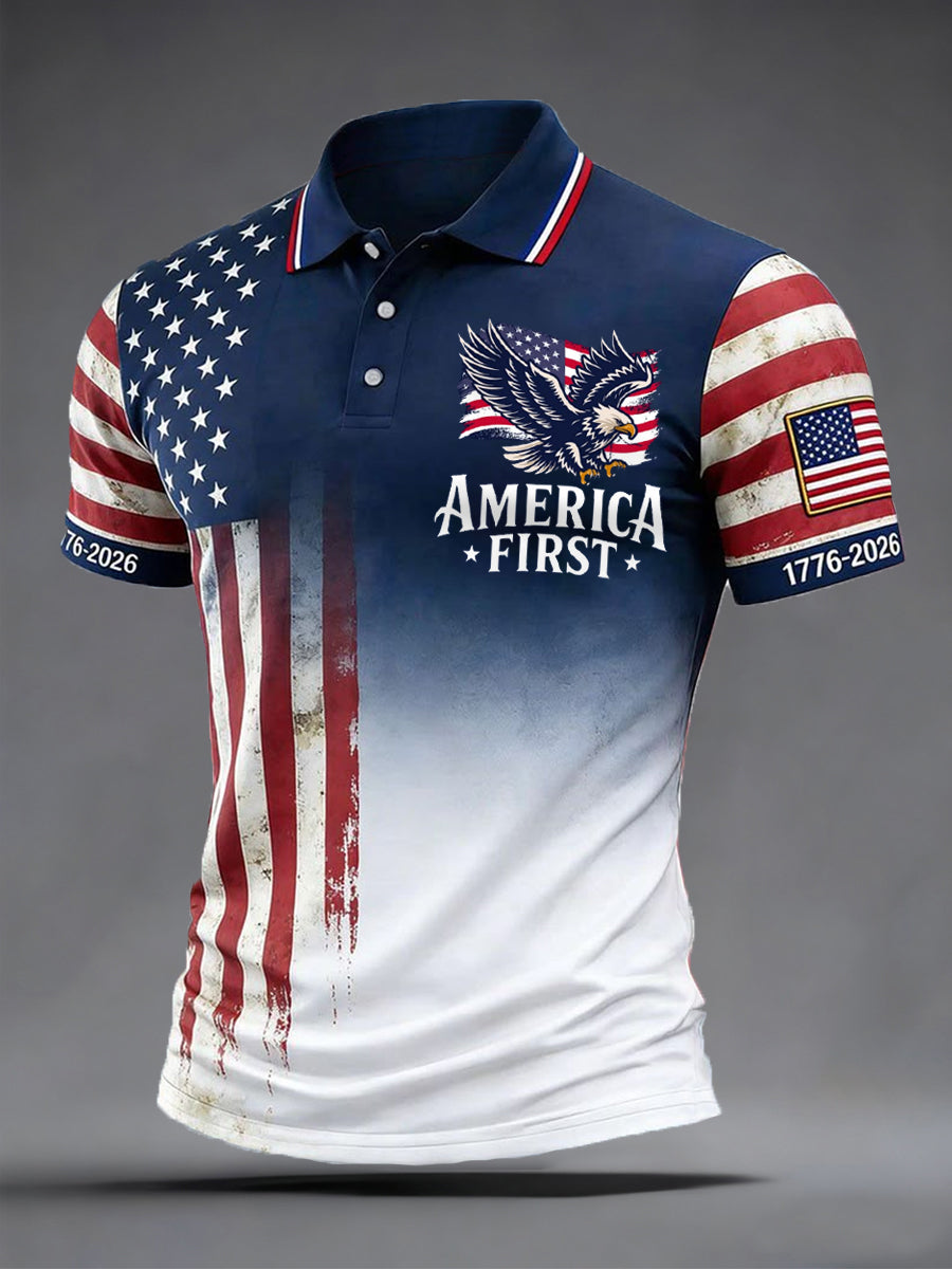 Men's Independence Day America First Bald Eagle USA Flag Print Casual Patriotic Polo