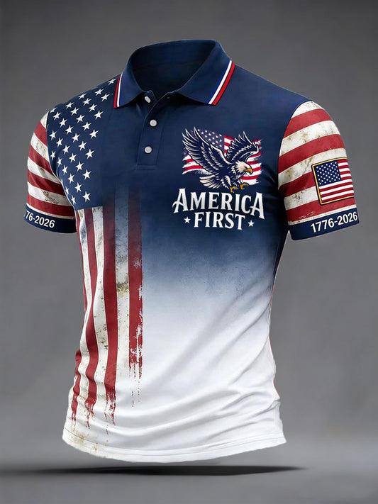 Men's Independence Day America First Bald Eagle USA Flag Print Casual Patriotic Polo