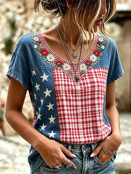 Women's America Floral Print Casual T-Shirt