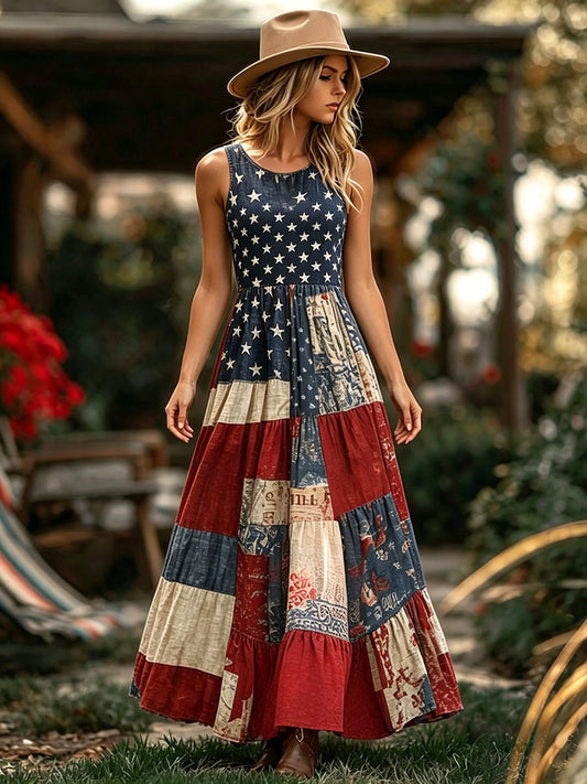 Women's American Flag Inspired Patchwork Art Print Maxi Dress
