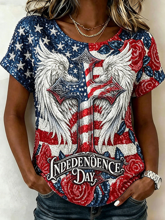 Women's American Flag Cross Wings Glitter Art Print Short-sleeved T-shirt