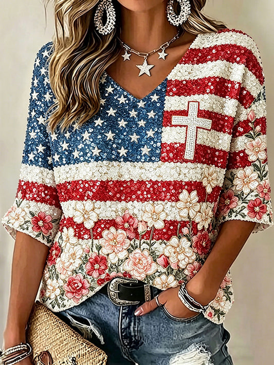 Women's American Floral Independence Day Flag & Floral Art Linen V-Neck Shirt
