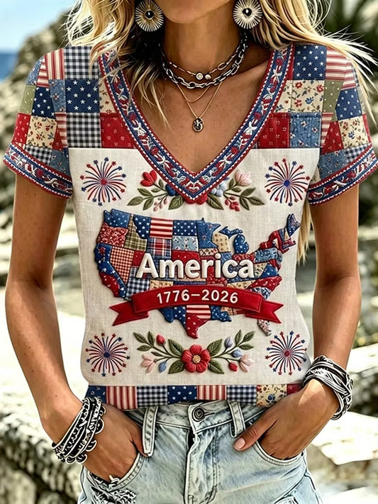 Women's Independence Day Art Print V-Neck Short Sleeve T-shirt