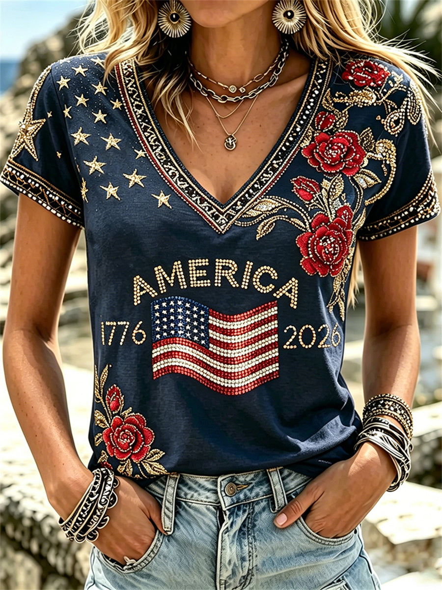 Women's Classy America 1776-2026 American Flag & Roses Print short-sleeved T-shirt