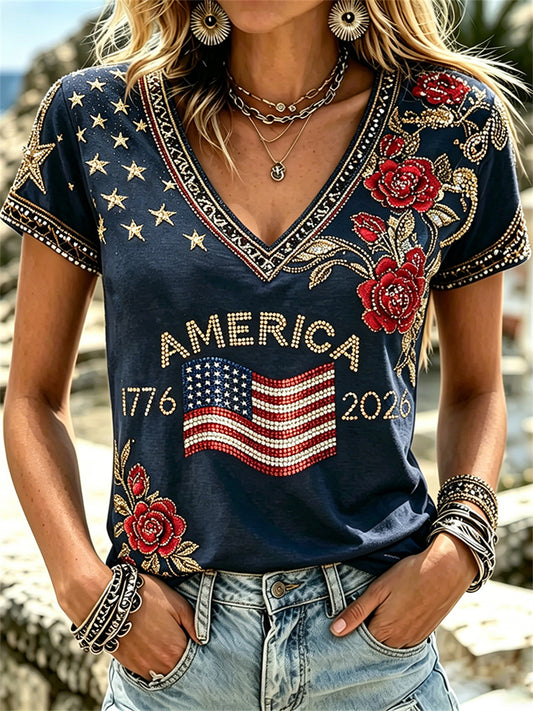 Women's Classy America 1776-2026 American Flag & Roses Print short-sleeved T-shirt