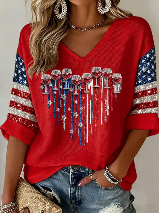 Women's Mid-length Sleeves V-Neck T-Shirt