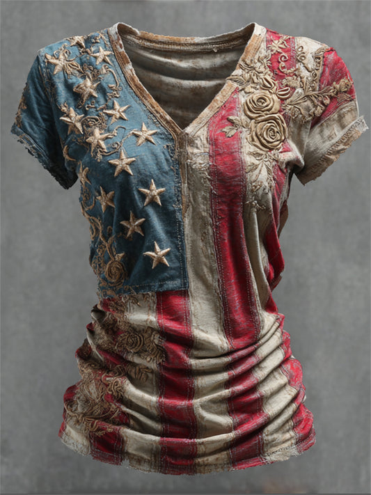 Women's Vintage Roses American Flag Distressed Print short-sleeved T-shirt