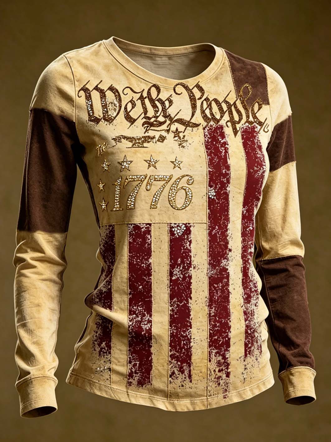 Women's American Flag Element Print Round neck long sleeve T-shirt