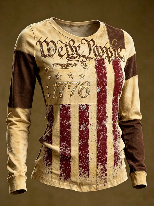 Women's American Flag Element Print Round neck long sleeve T-shirt