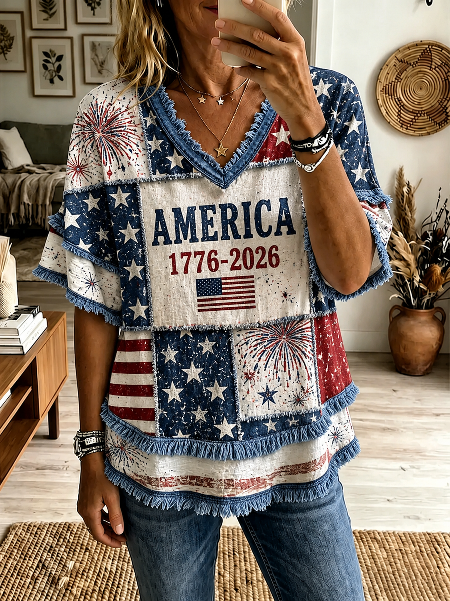 Women's America Printed Cotton-Linen Shirt