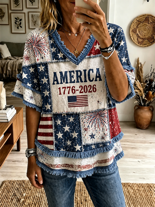 Women's America Printed Cotton-Linen Shirt