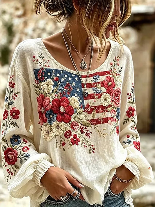 Women's Vintage Independence Day Flag Flower Art Print Cotton-Linen Shirt