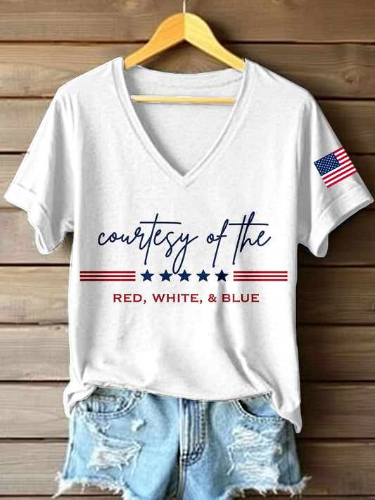 Women's Red White Blue V-Neck T-Shirt