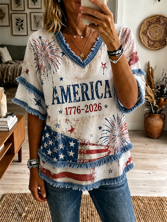 Women's America Printed Cotton-Linen Shirt
