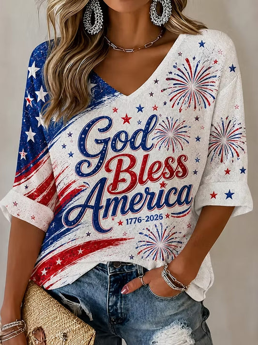 Women's Independence Day Flag God Bless America Print Waffle T-shirt