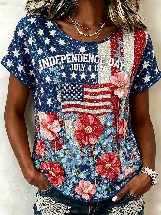 Women's Floral American Flag Glitter Art Print Short-sleeved T-shirt