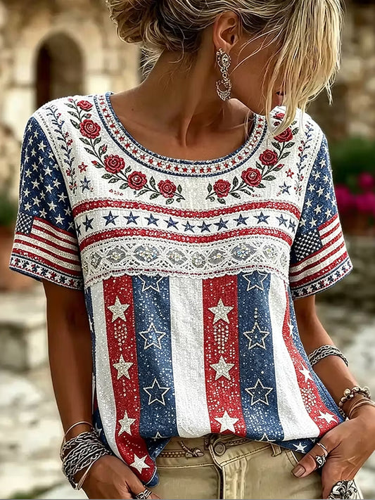 Women's Independence Day Flag Art Print Crew Neck Linen Short Sleeves Top