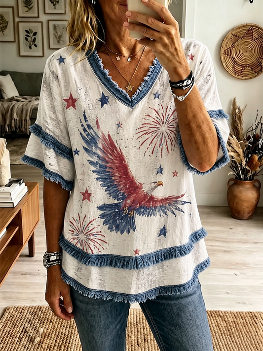 Women's America Printed Cotton-Linen Shirt