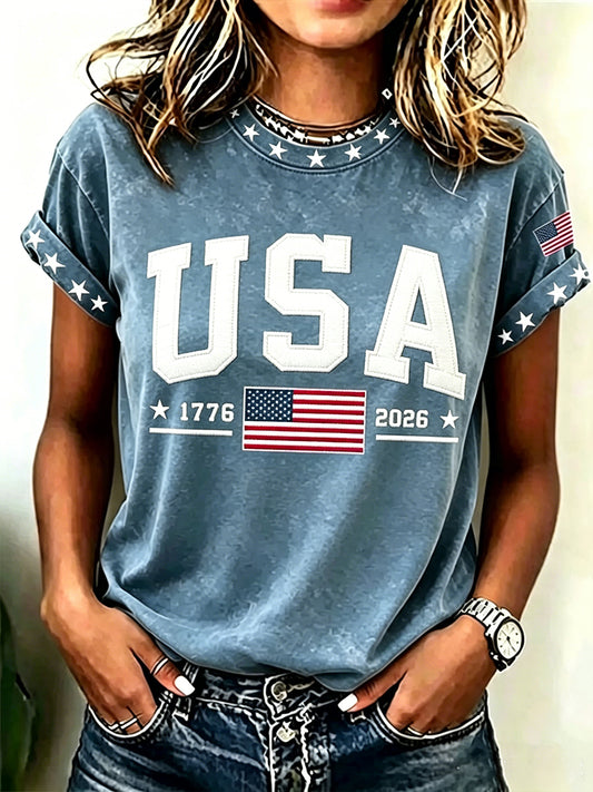 Women's Vintage Independence Day USA Flag  Art Print Short Sleeve T-shirt