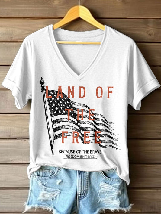 Women's Land Of The Free Because Of The Brave V-Neck T-Shirt