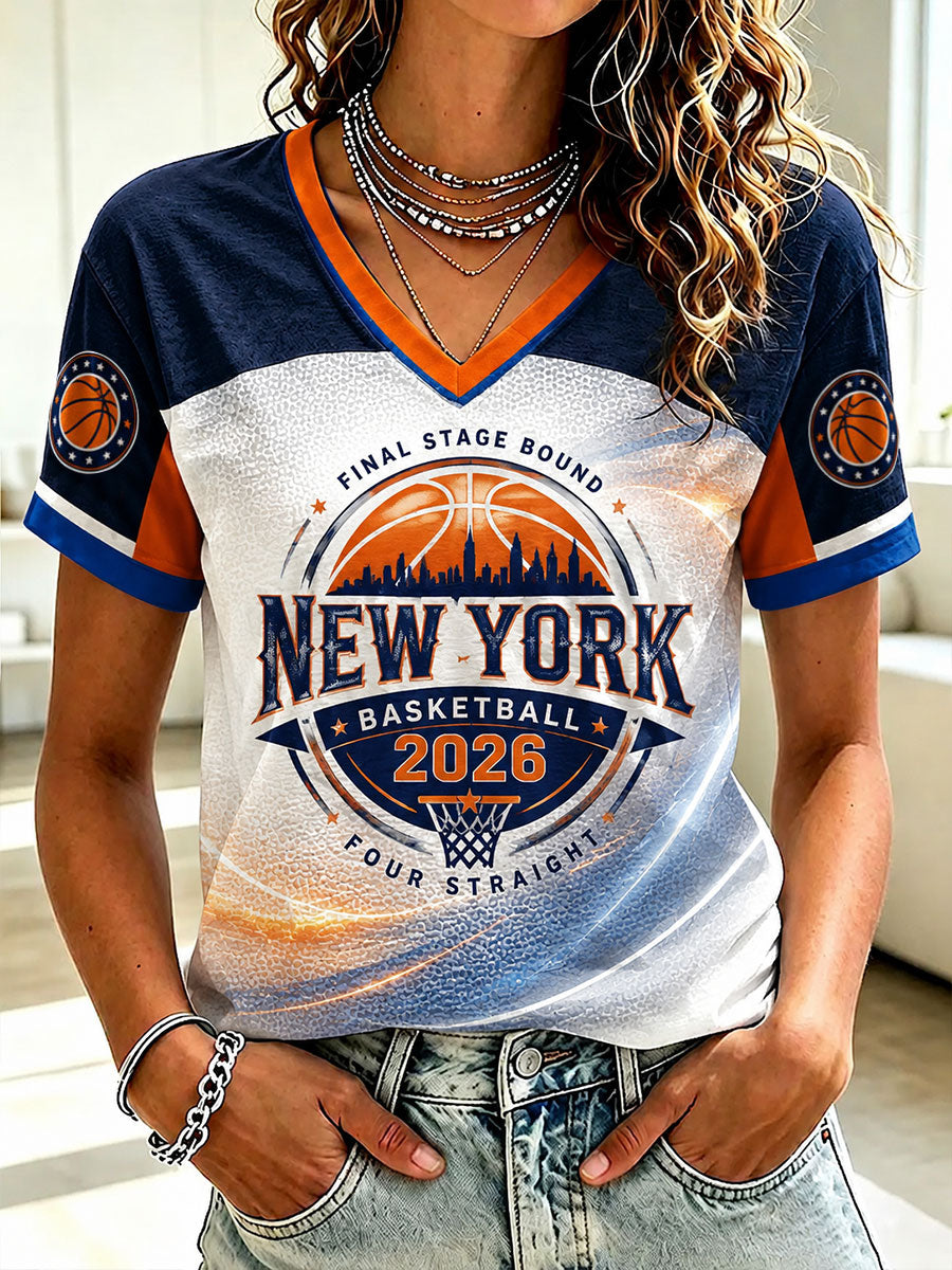 Women's New York Basketball Printed V-neck T-shirt