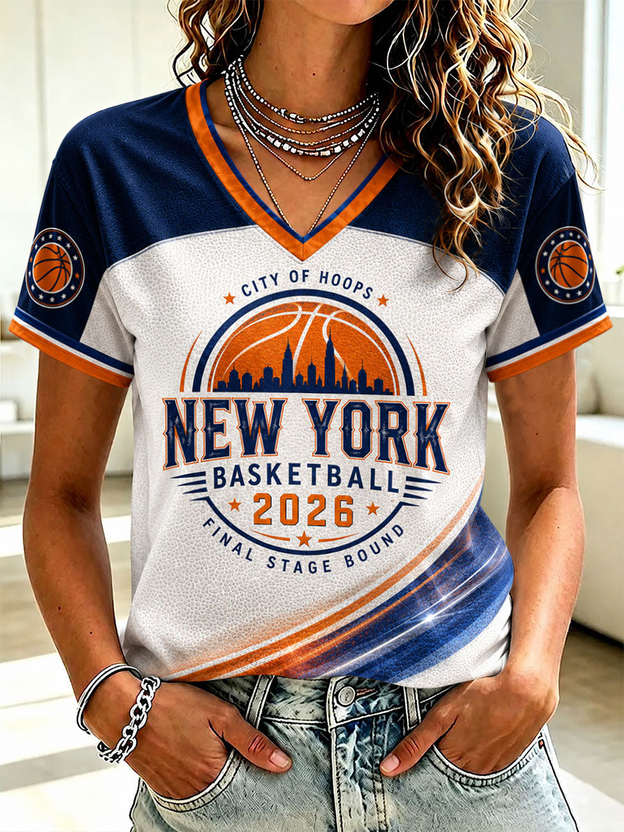 Women's New York Basketball Printed V-neck T-shirt