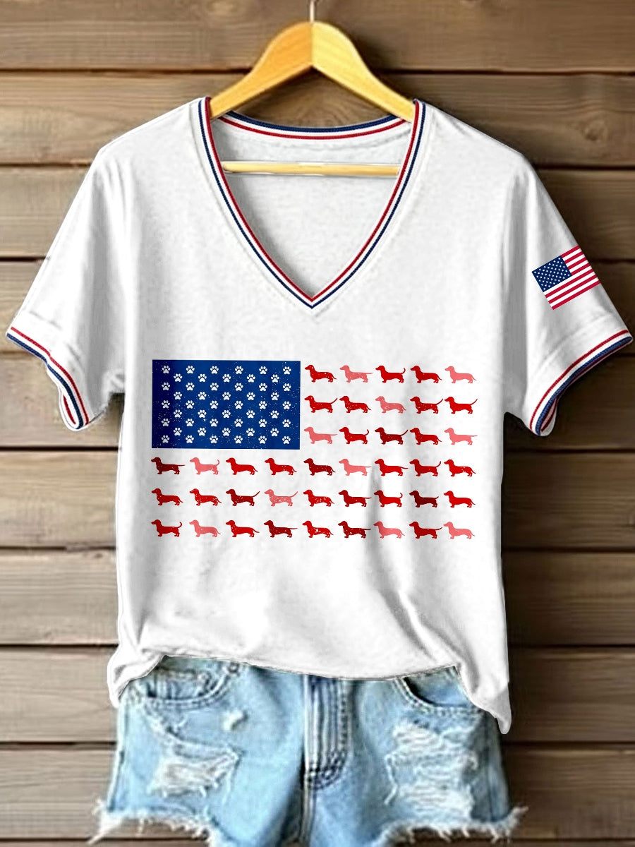Women's Patriotic Dachshund Print V-Neck T-Shirt