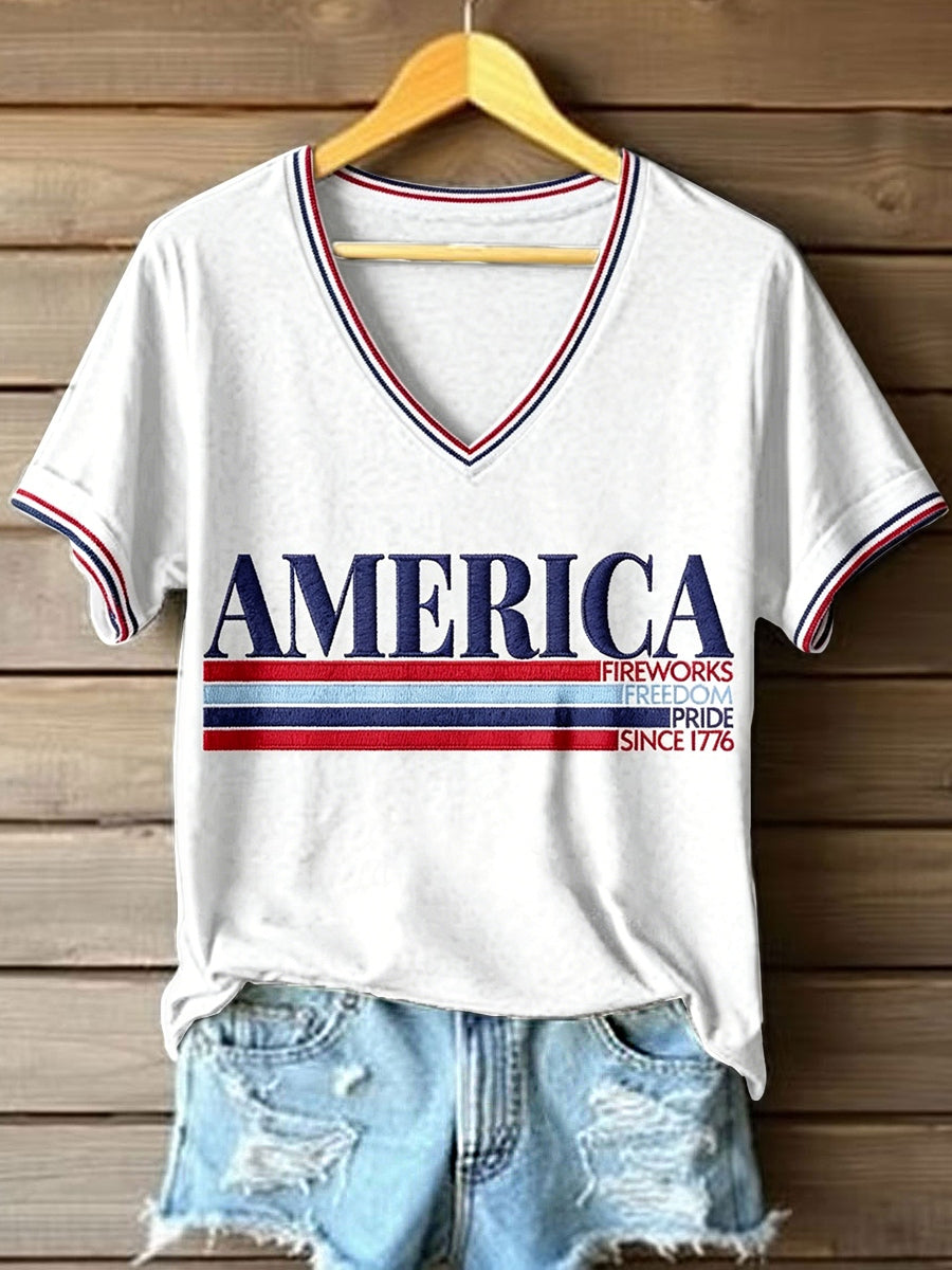 Women's America Fireworks Freedom Pride Since 1776 V-Neck T-Shirt