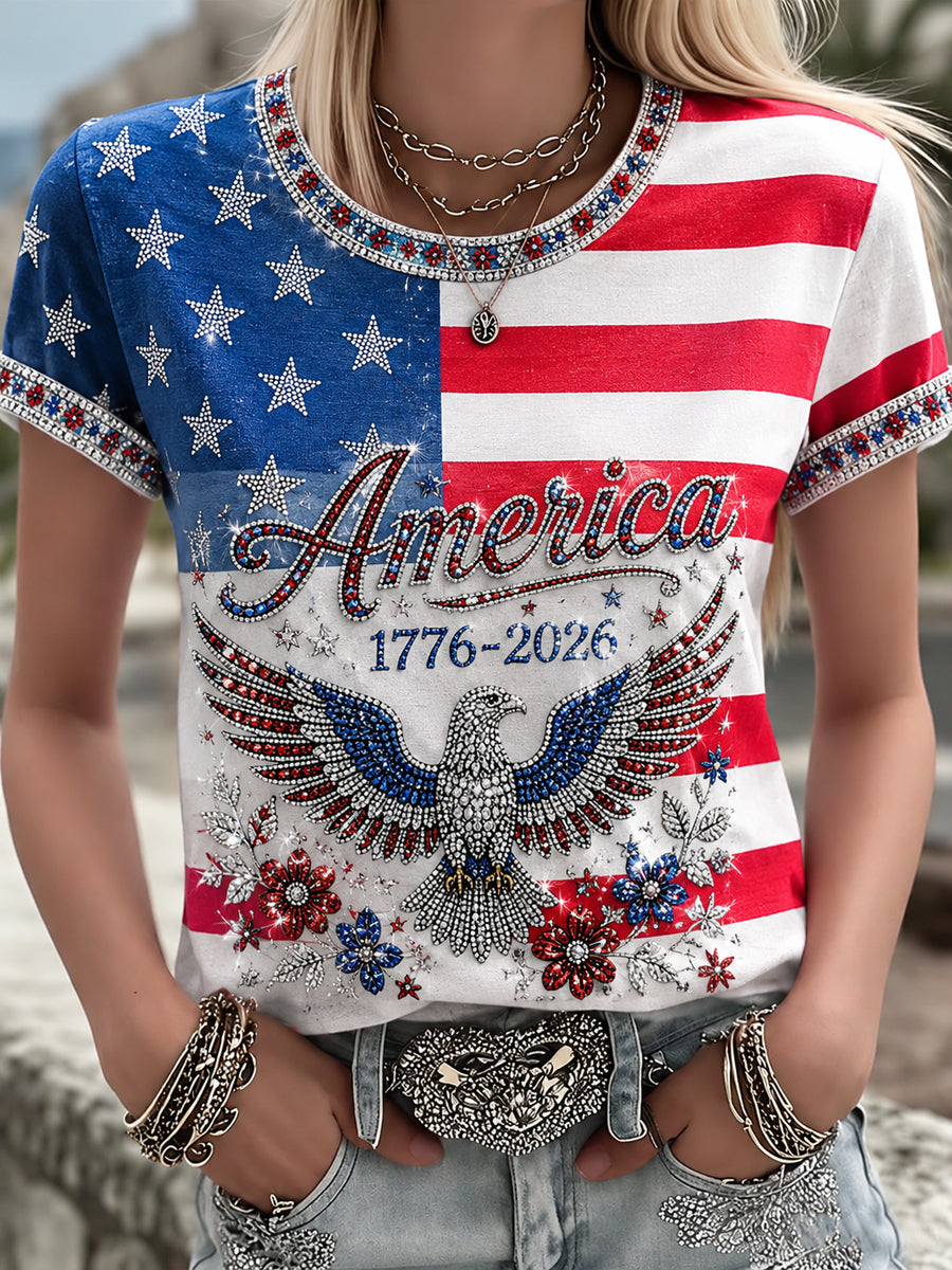 Women's America Floral Print Casual T-Shirt