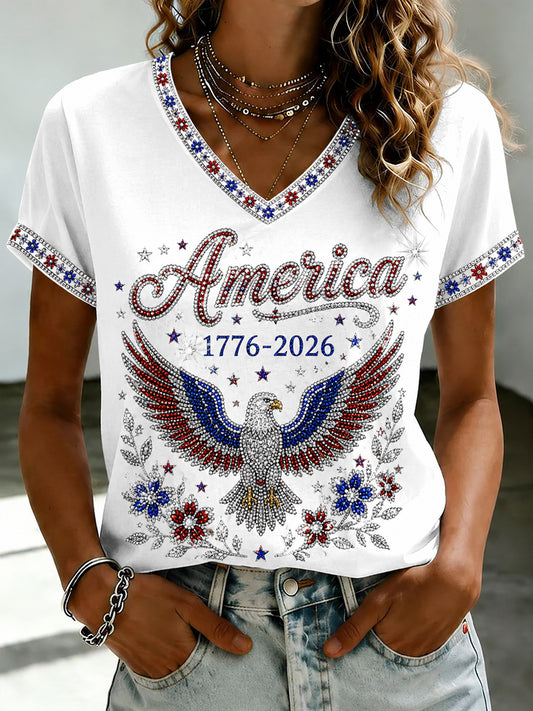 Women's America Floral Print V-Neck Casual T-Shirt