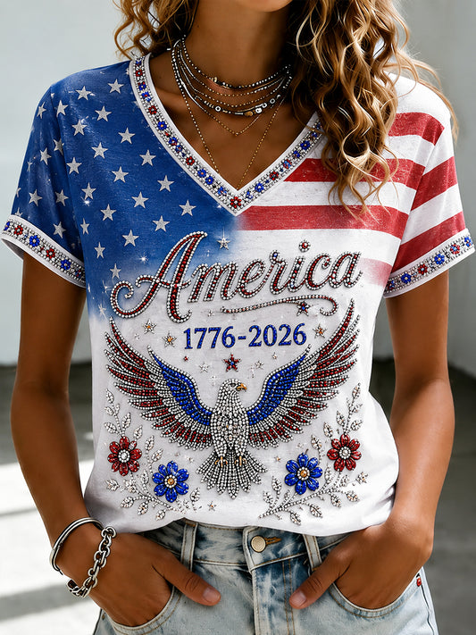Women's America Floral Print V-Neck Casual T-Shirt