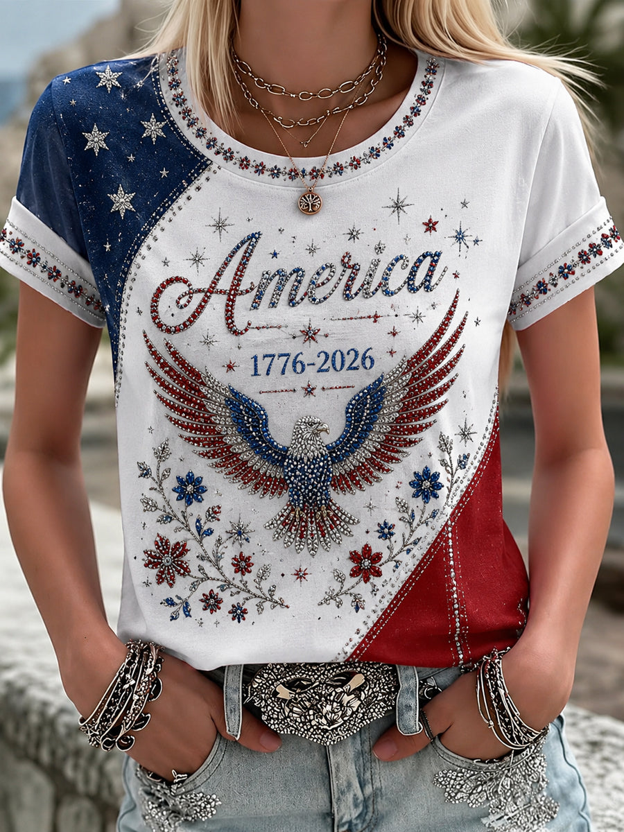 Women's America Floral Print Casual T-Shirt