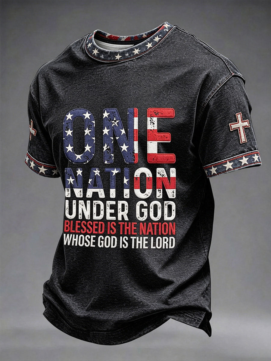 Men's One Nation Under God American Independence Day Retro Print Casual T-shirt