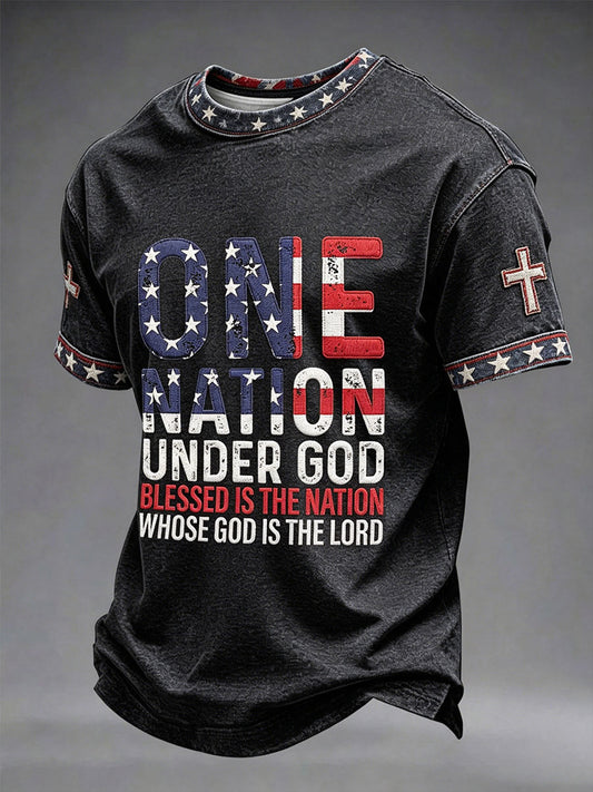 Men's One Nation Under God American Independence Day Retro Print Casual T-shirt
