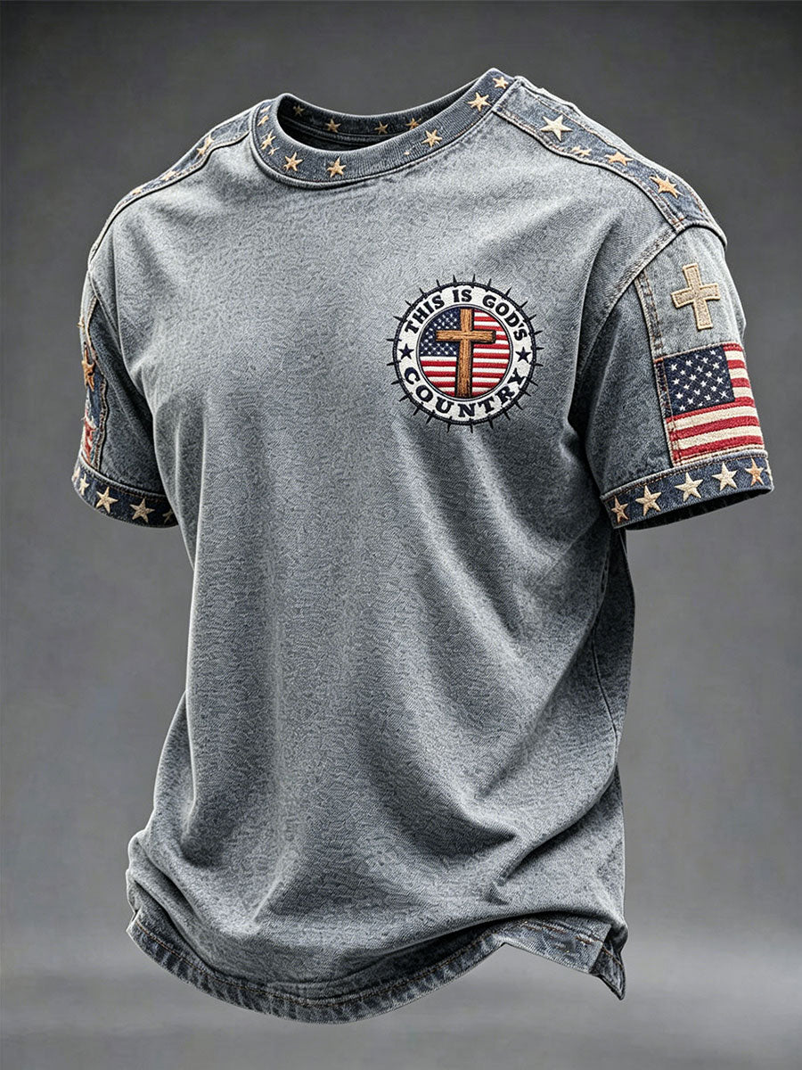 Men's One Nation Under God American Independence Day Retro Print Casual T-shirt