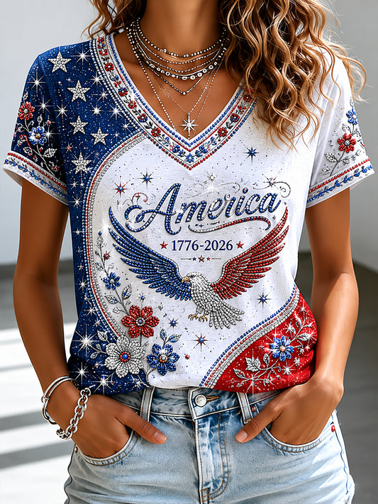 Women's America Floral Print V-Neck Casual T-Shirt