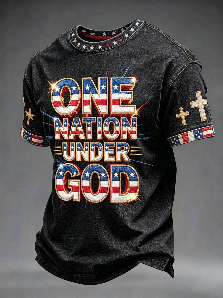 Men's One Nation Under God American Independence Day Retro Print Casual T-shirt