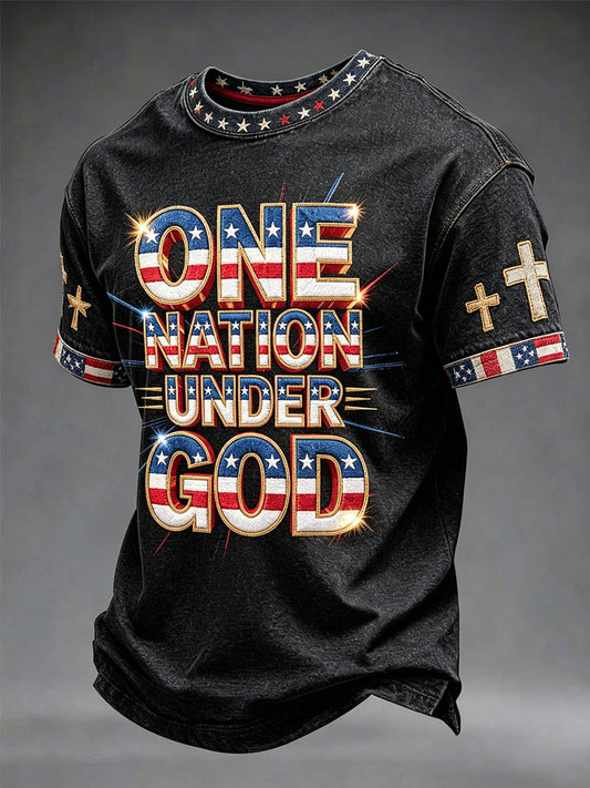 Men's One Nation Under God American Independence Day Retro Print Casual T-shirt