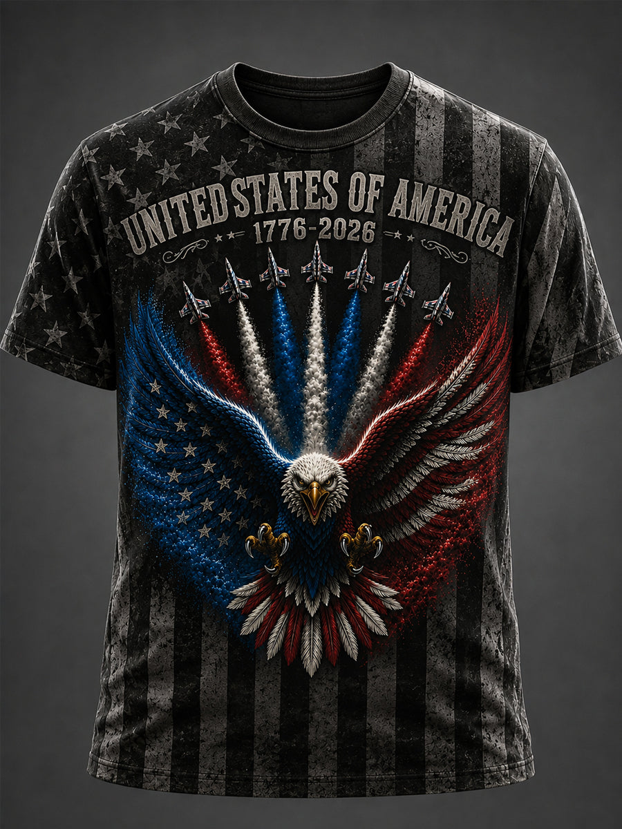 Men's Independence Day USA Flag Jet Print Casual Tee