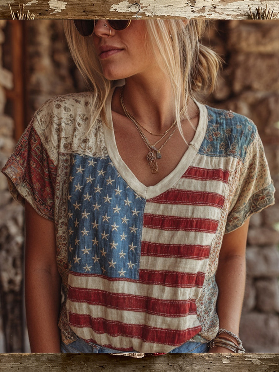 Women's Vintage American Flag Inspired Print Short-sleeved T-shirt