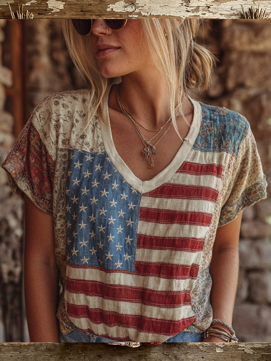 Women's Vintage American Flag Inspired Print Short-sleeved T-shirt