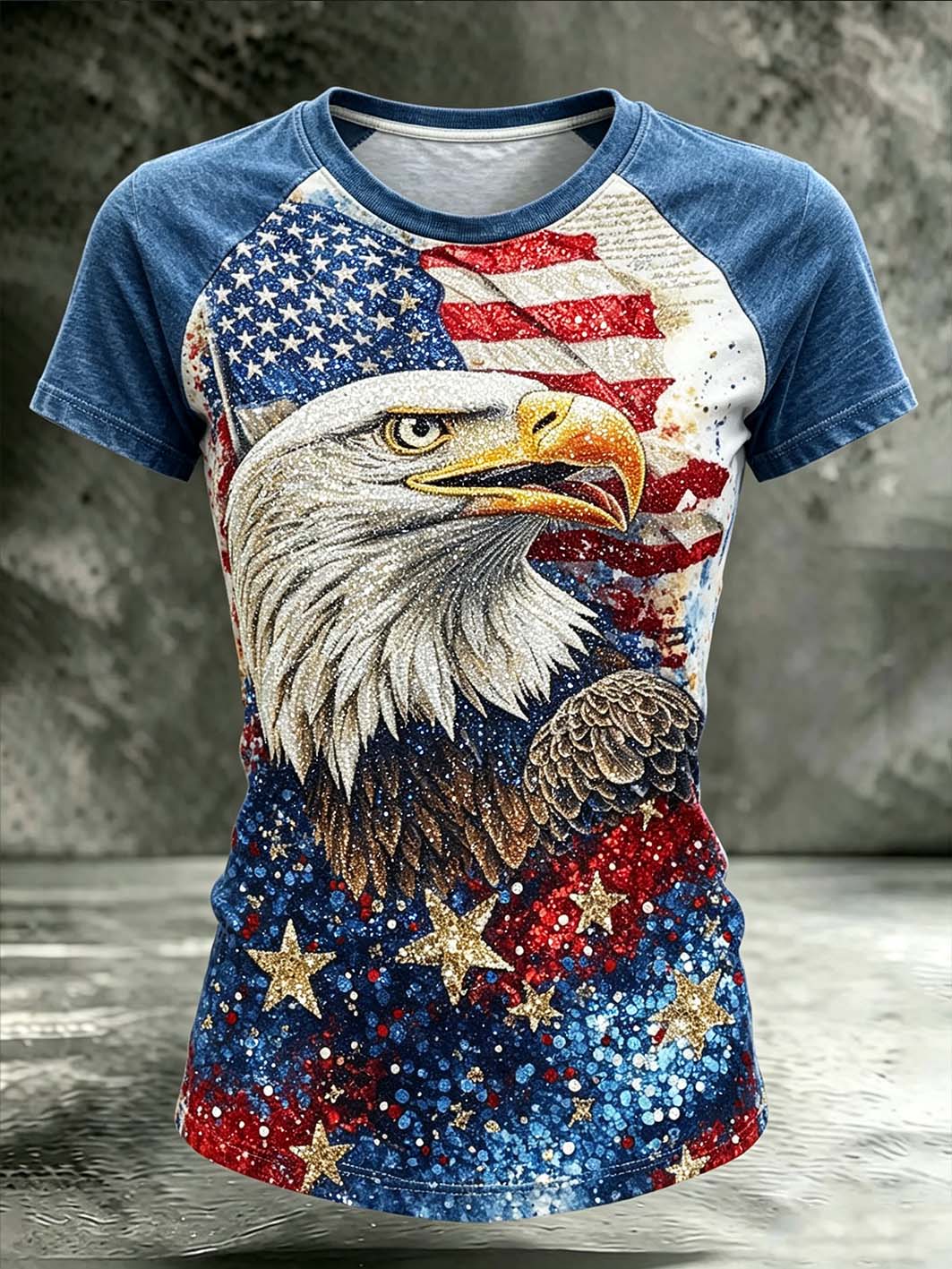 Women's retro American flag element pattern print round neck short sleeve T-shirt