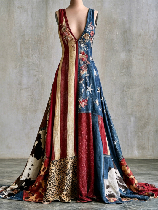Women's Vintage American Flag Cowhide Leopard Patchworj Floral Art Print Maxi Dress