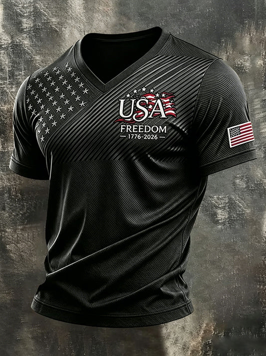 Men's Independence Day Flag Art Short Sleeve V-neck T-shirt