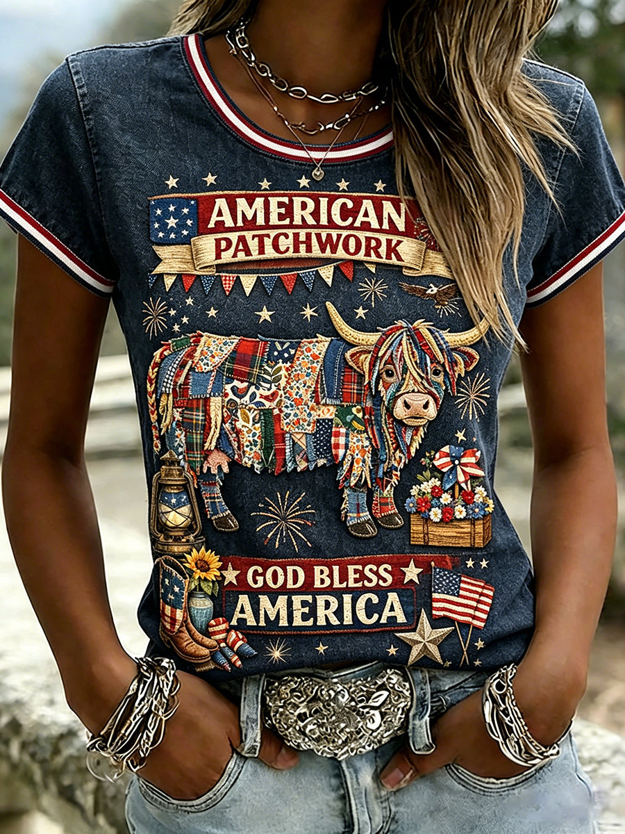 Women's Vintage American Independence Day Inspired Print Short-sleeved T-shirt