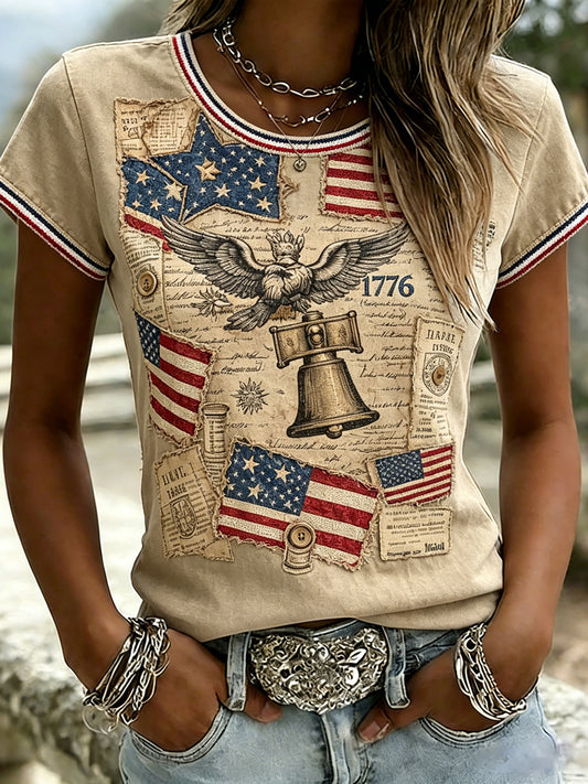 Women's Vintage American Independence Day Inspired Print Short-sleeved T-shirt