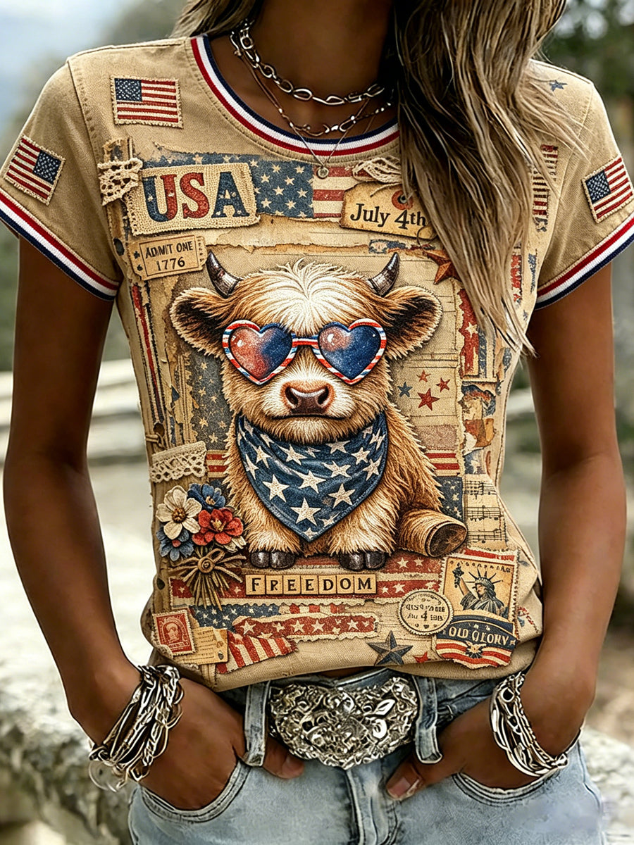 Women's Vintage American Independence Day Inspired Print Short-sleeved T-shirt