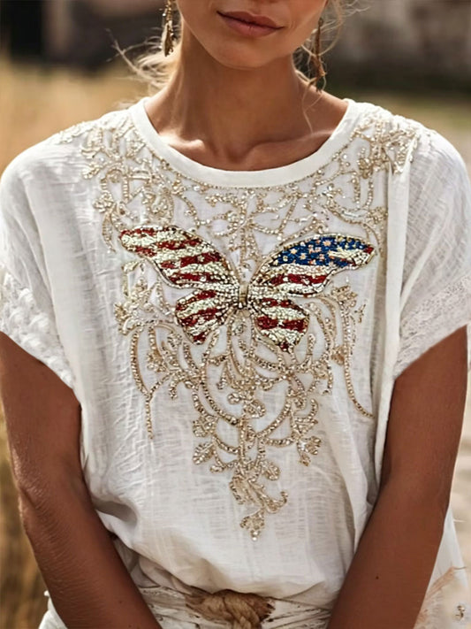 Women's American Flag Butterfly Print Casual T-Shirt