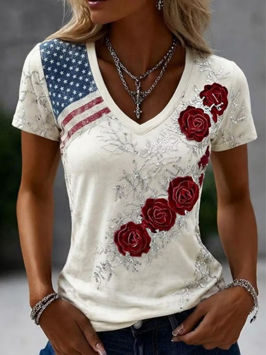 Women's America Floral Printed V-neck T-shirt